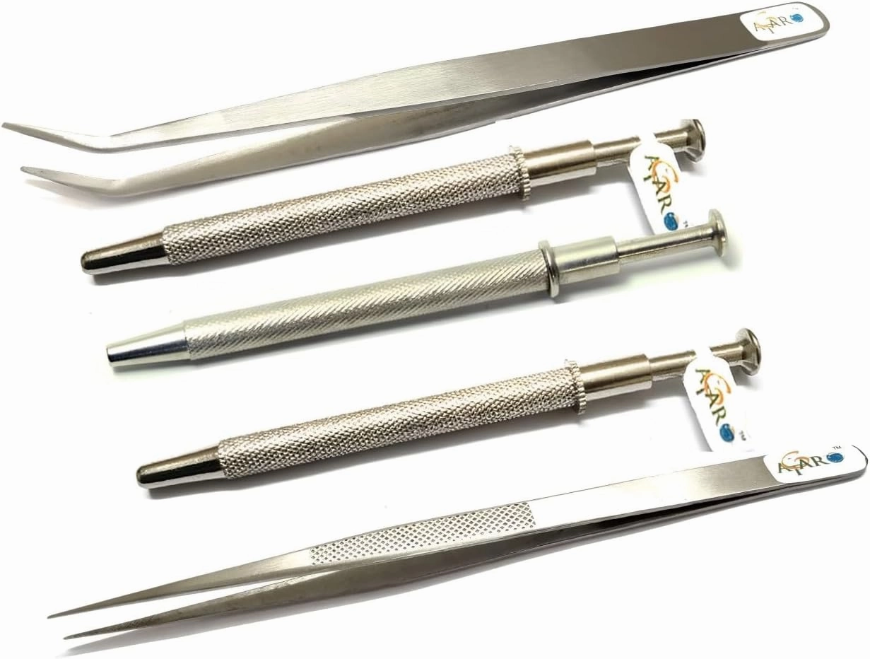 ATAR 5 Pcs Jewelry Pick Up Tool Set || Stainless Steel 3 4 5 Prongs Tweezer & Curve Straight Tweezer || Diamond Gemtone beads 3 4 5 Claw Tweezers || Jewelry Making Jeweler Tool.