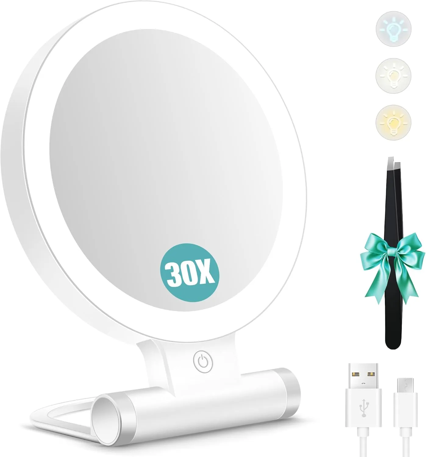 B Beauty Planet Magnifying Mirror with Light 30X, Double-Sided 1X/ 30X Magnifying Makeup Mirror with Tweezer, 2000mAh 3 Colour Modes with Adjustable Brightness,Foldable Travel Mirror(9" L x 7" W)