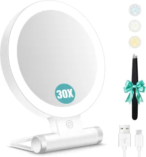B Beauty Planet Magnifying Mirror with Light 30X, Double-Sided 1X/ 30X Magnifying Makeup Mirror with Tweezer, 2000mAh 3 Colour Modes with Adjustable Brightness,Foldable Travel Mirror(9" L x 7" W)