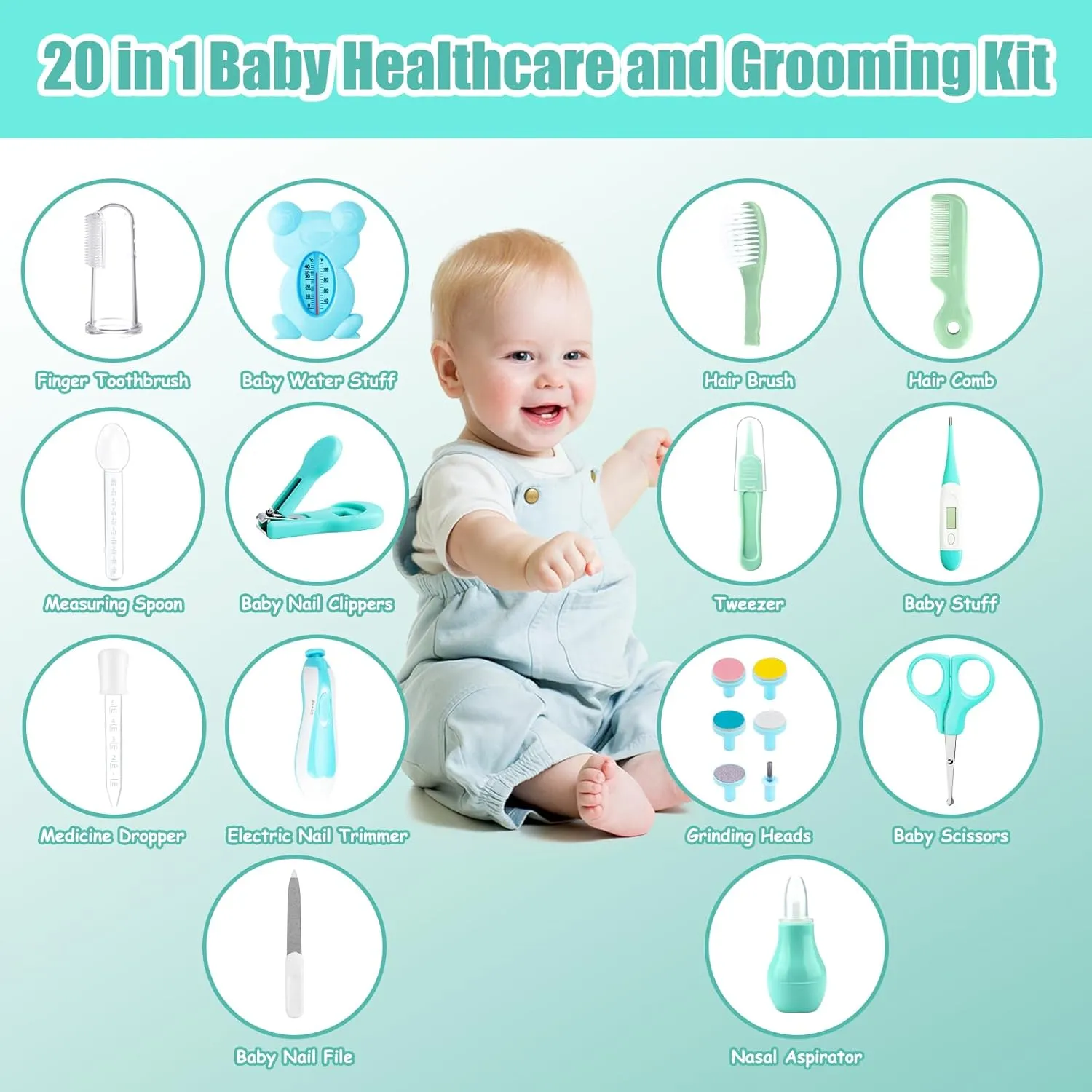 Baby Healthcare and Grooming Kit, 20 in 1 Portable Baby Safety Care Set with Hair Brush Comb Nasal Aspirator Electric Nail Trimmer Set Baby Essentials kit for Newborn Boys Girls (Green 20 in 1)
