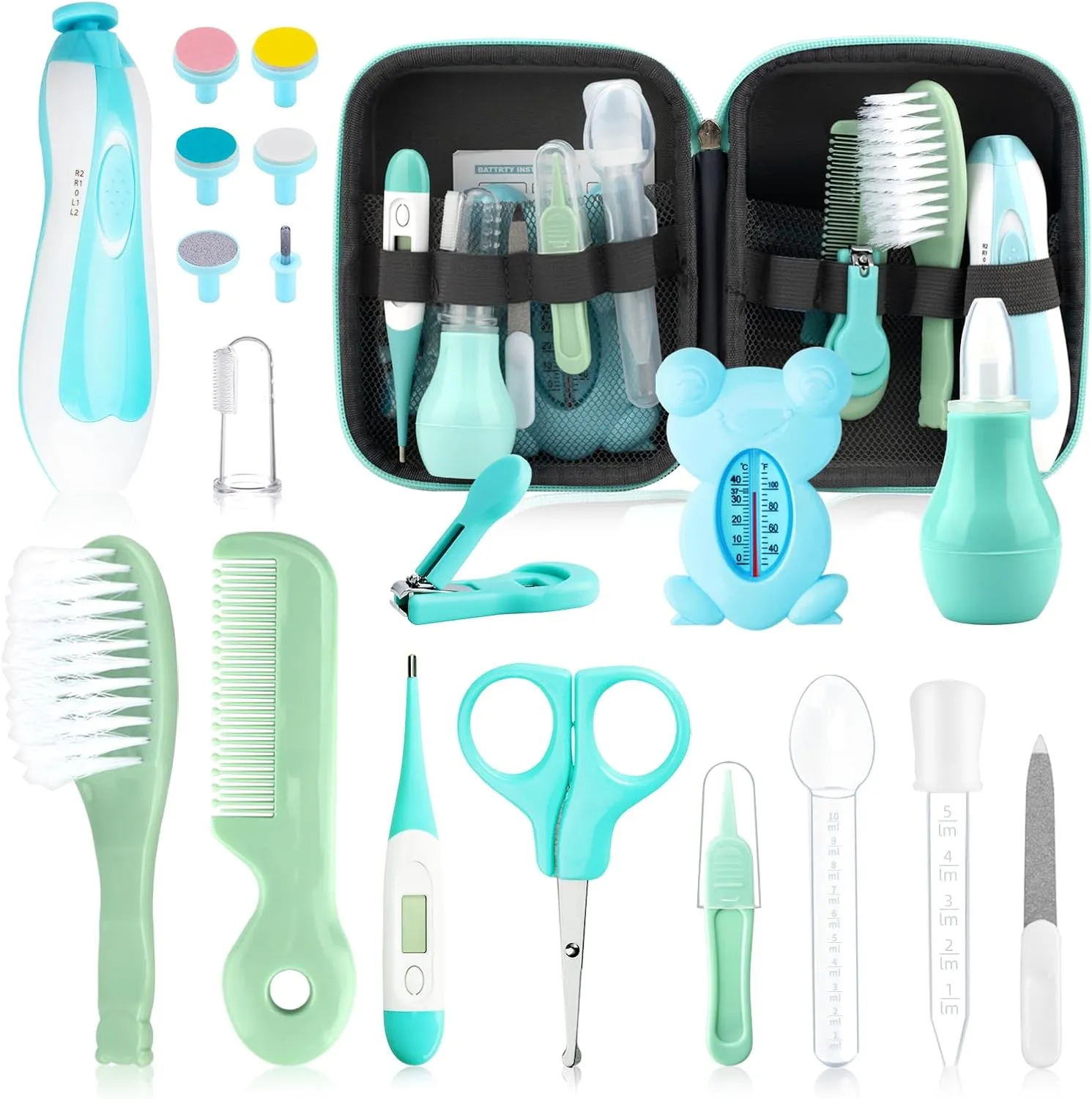 Baby Healthcare and Grooming Kit, 20 in 1 Portable Baby Safety Care Set with Hair Brush Comb Nasal Aspirator Electric Nail Trimmer Set Baby Essentials kit for Newborn Boys Girls (Green 20 in 1)