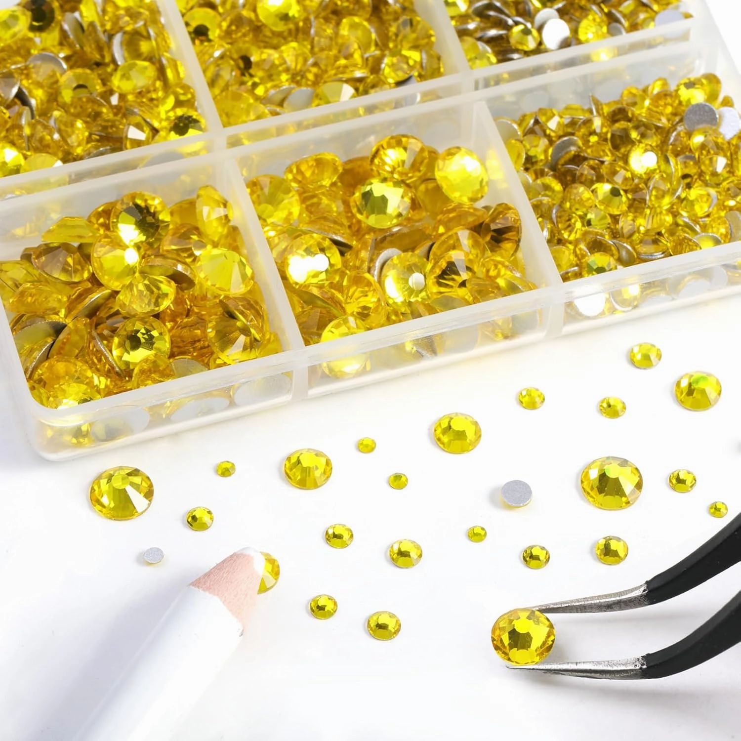 Beadsland 8300PCS Flatback Rhinestones, Yellow Rhinestone Nail Gems Round Crystal Rhinestones for Crafts, Mixed 10 Sizes with Wax Pencil and Tweezer Kit, SS3-SS30, Citrine/Lemon Yellow