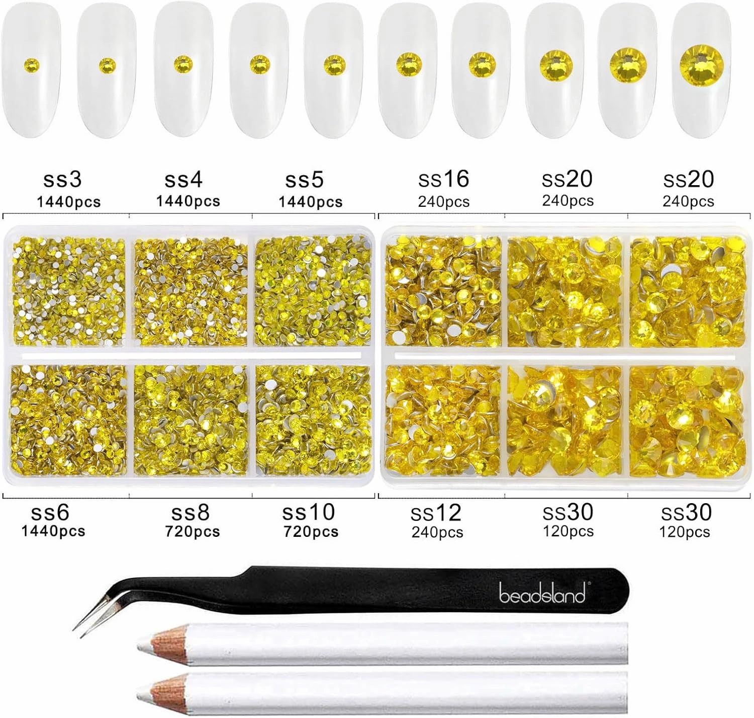 Beadsland 8300PCS Flatback Rhinestones, Yellow Rhinestone Nail Gems Round Crystal Rhinestones for Crafts, Mixed 10 Sizes with Wax Pencil and Tweezer Kit, SS3-SS30, Citrine/Lemon Yellow