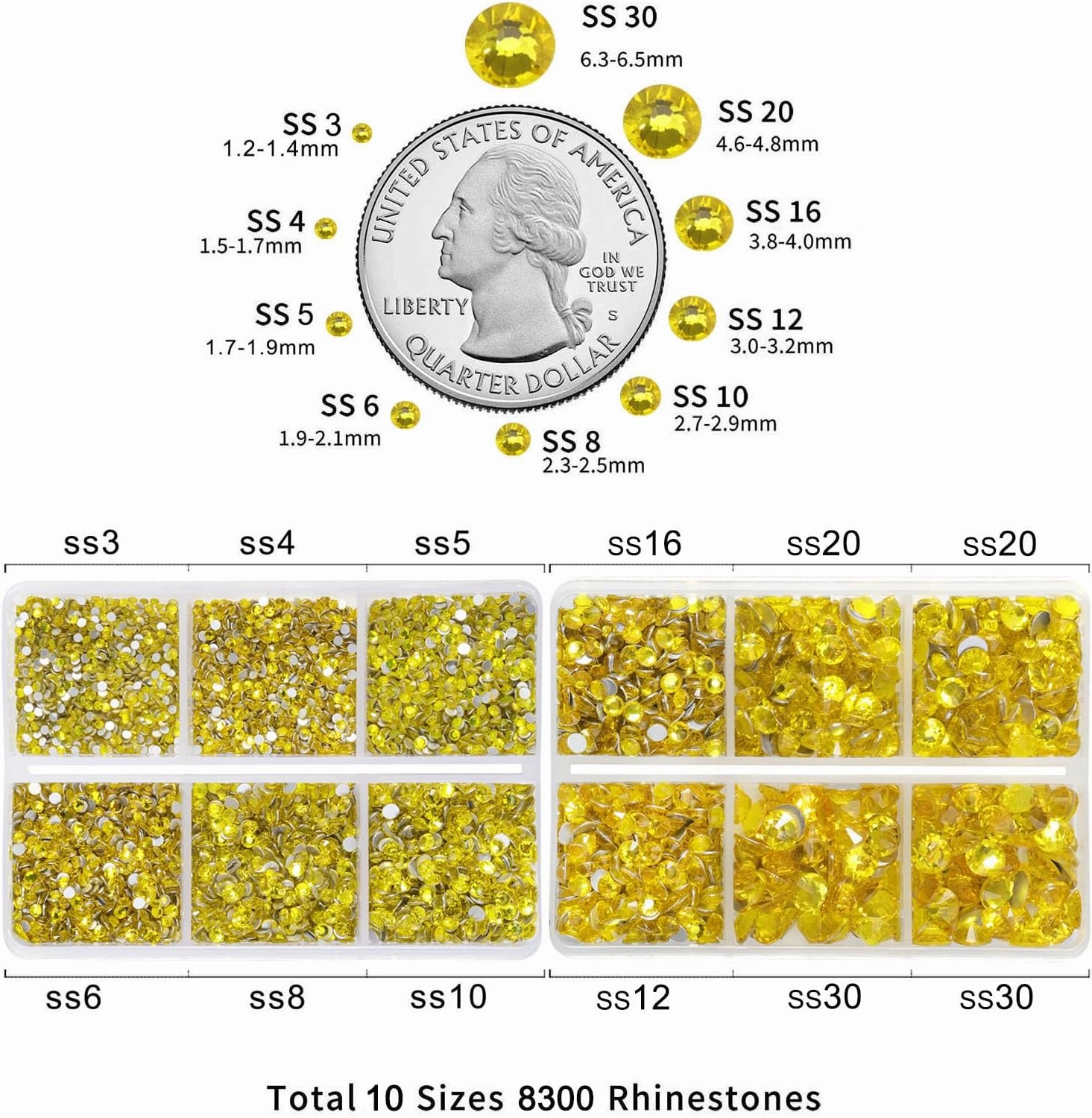 Beadsland 8300PCS Flatback Rhinestones, Yellow Rhinestone Nail Gems Round Crystal Rhinestones for Crafts, Mixed 10 Sizes with Wax Pencil and Tweezer Kit, SS3-SS30, Citrine/Lemon Yellow