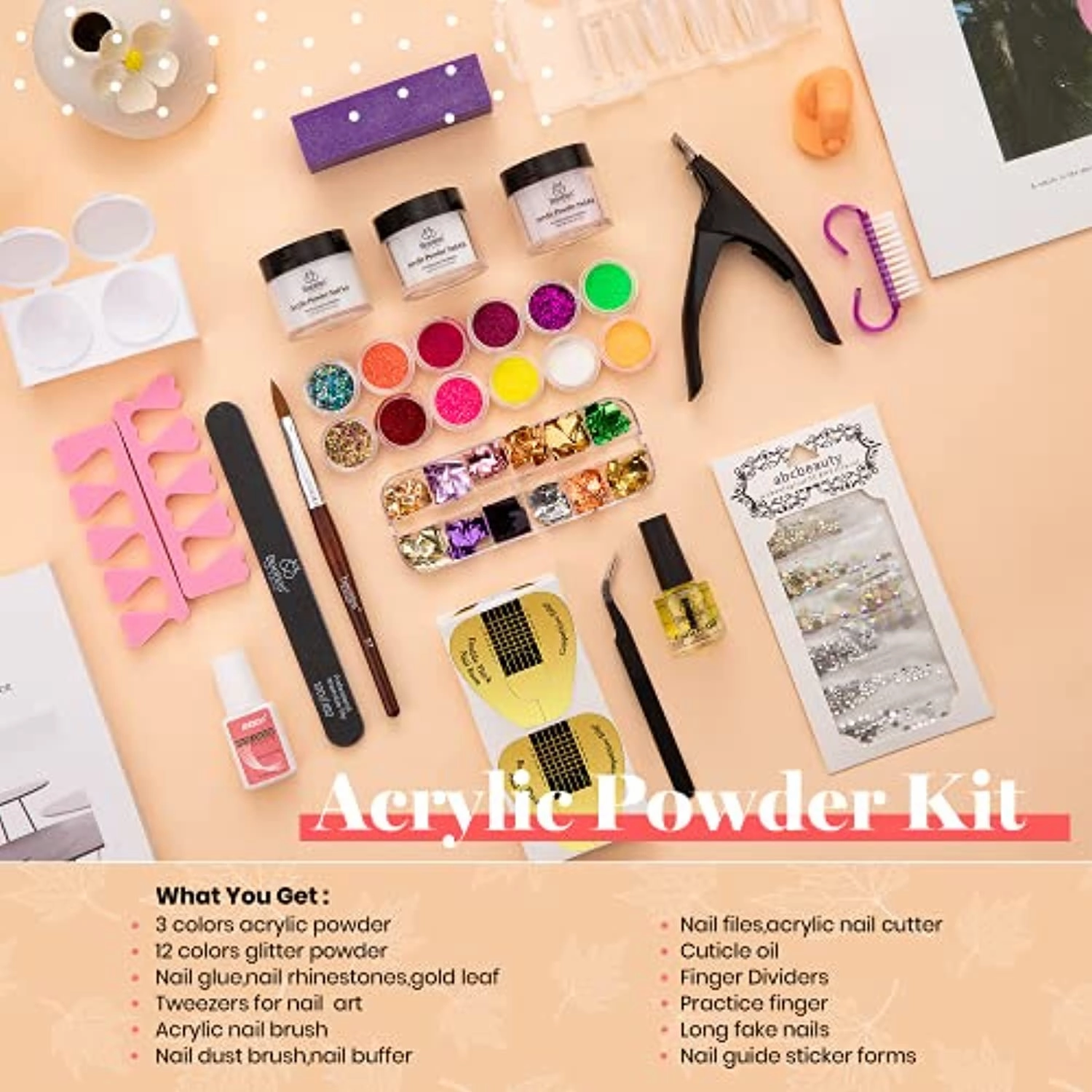 Beetles 31 in One Acrylic Powder Nail Kit Nail Powder with Acrylic Nail Brush Nail Forms Tips， Decoration Professional Nail Art Powder Set for Beginner DIY Home Salon Manicure