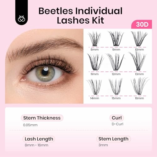 Beetles Lash Clusters 320pcs Individual Lashes 30D Natural Wispy Eyelash Clusters 8-16mm Cluster Eyelash Extensions D Curl False Eyelashes DIY Cluster Lashes (C028, 30D, 8-16mm)