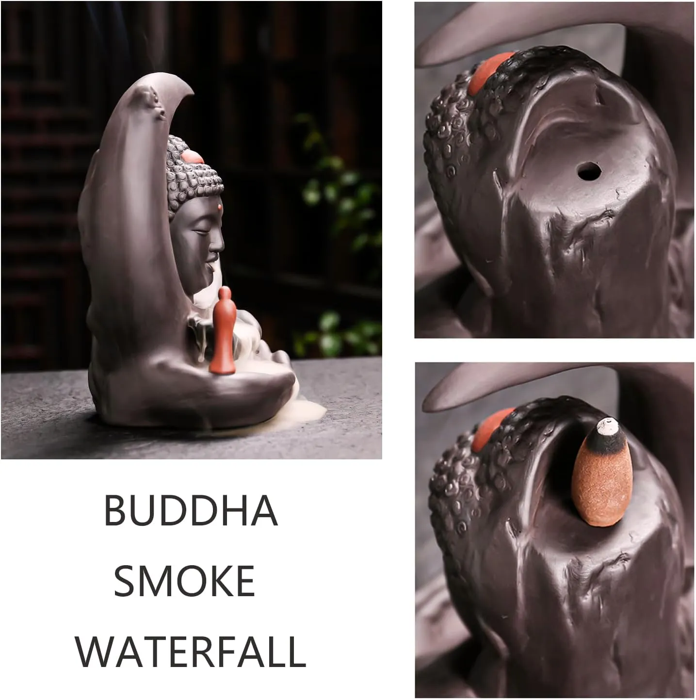 Buddha Incense Burner Backflow - Zen Ceramic Cone Incense Waterfall Burner, Moon Smoke Fountain Incense Holder with Cones & Tweezer & Fire Mat for Aromatherapy/Yoga/Home/Room/Office Deco