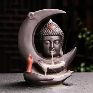 Buddha Incense Burner Backflow - Zen Ceramic Cone Incense Waterfall Burner, Moon Smoke Fountain Incense Holder with Cones & Tweezer & Fire Mat for Aromatherapy/Yoga/Home/Room/Office Deco