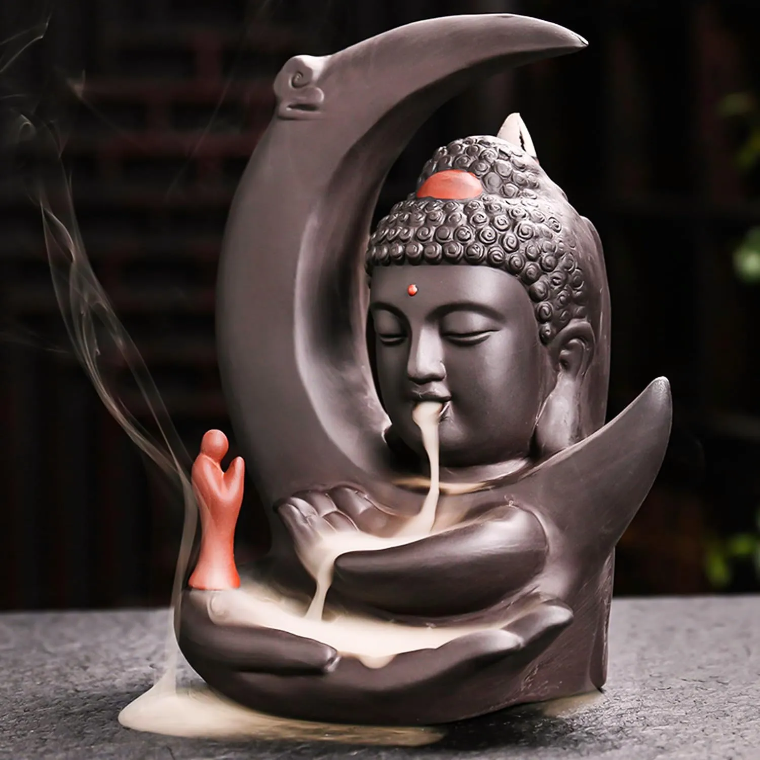 Buddha Incense Burner Backflow - Zen Ceramic Cone Incense Waterfall Burner, Moon Smoke Fountain Incense Holder with Cones & Tweezer & Fire Mat for Aromatherapy/Yoga/Home/Room/Office Deco