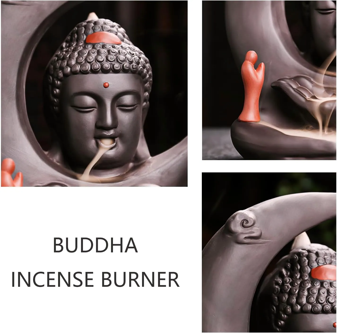 Buddha Incense Burner Backflow - Zen Ceramic Cone Incense Waterfall Burner, Moon Smoke Fountain Incense Holder with Cones & Tweezer & Fire Mat for Aromatherapy/Yoga/Home/Room/Office Deco