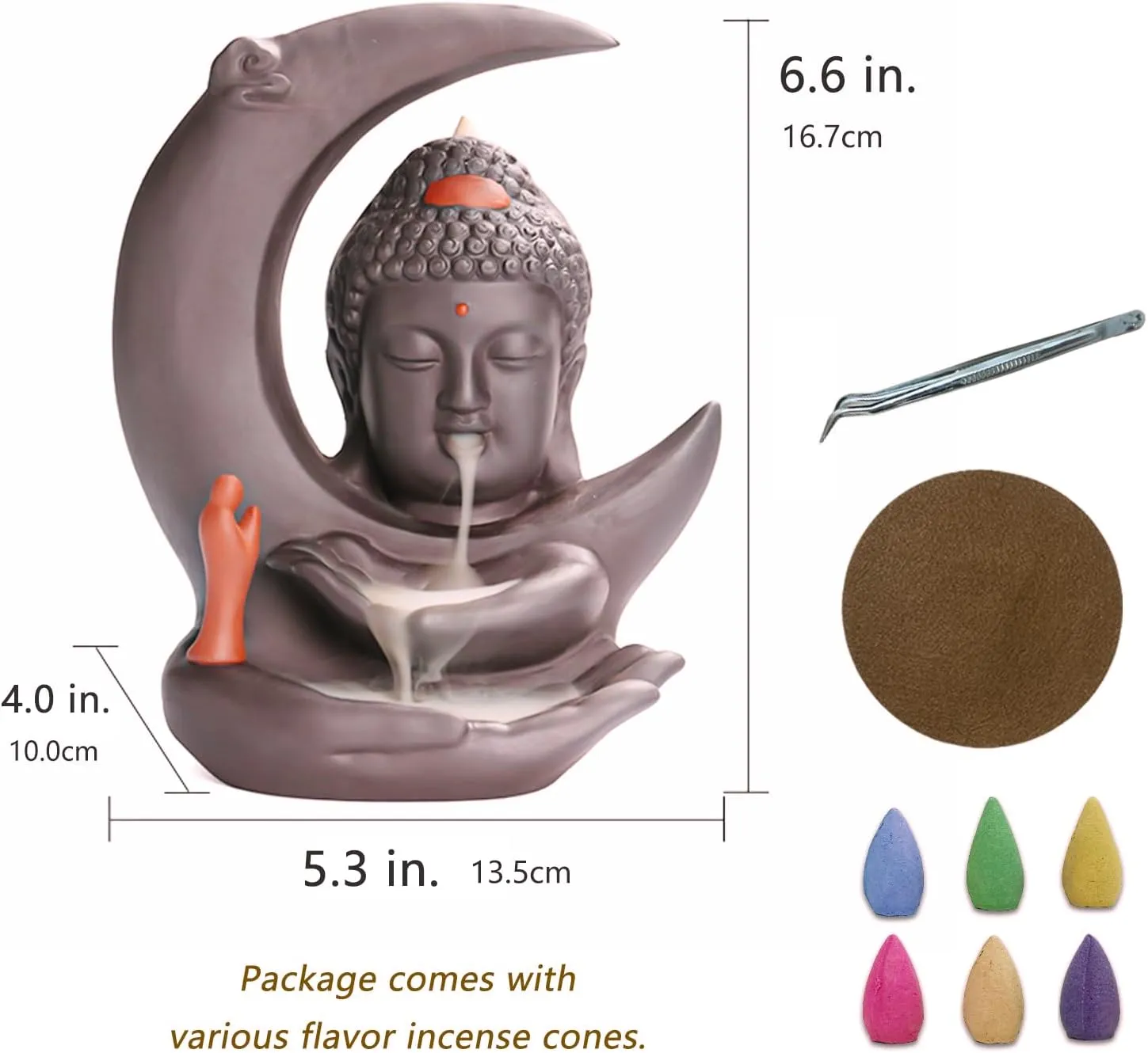 Buddha Incense Burner Backflow - Zen Ceramic Cone Incense Waterfall Burner, Moon Smoke Fountain Incense Holder with Cones & Tweezer & Fire Mat for Aromatherapy/Yoga/Home/Room/Office Deco