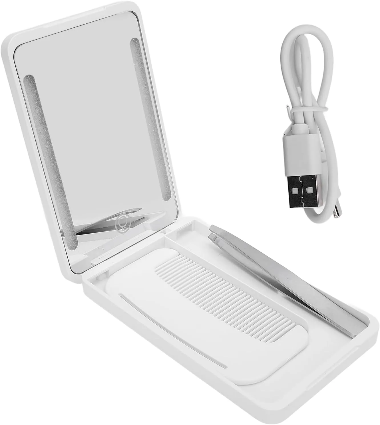 Compact Lighted Mirror, Rechargeable LED Fill Light Travel Makeup Mirror with Comb and Eyebrow Tweezer for Travel, Home, Dormitories (White)