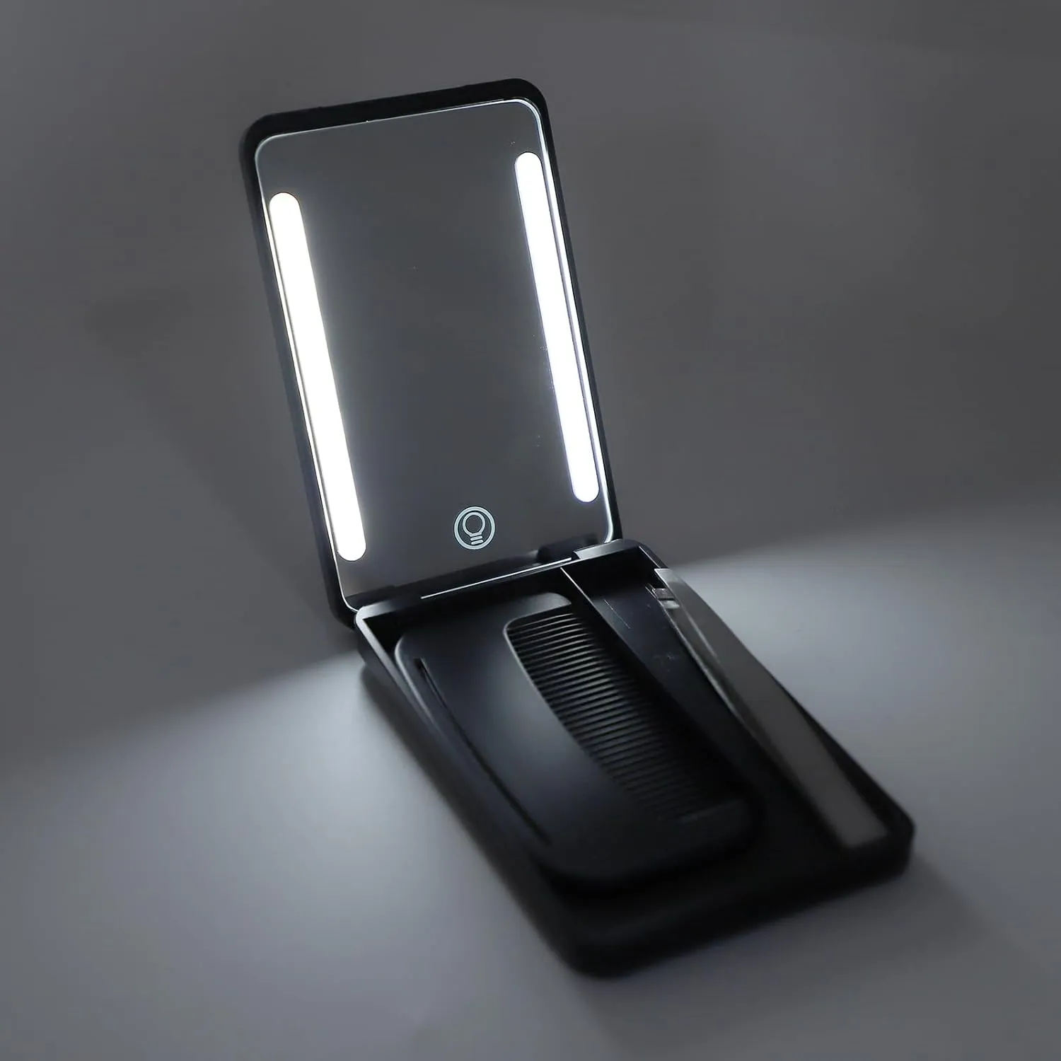 Compact Mirror, Pocket Mirror, Rechargeable Travel Makeup Mirror, LED Makeup Mirror with Fill Light Travel Comb Metal Eyebrow Tweezer for Travel (Black)