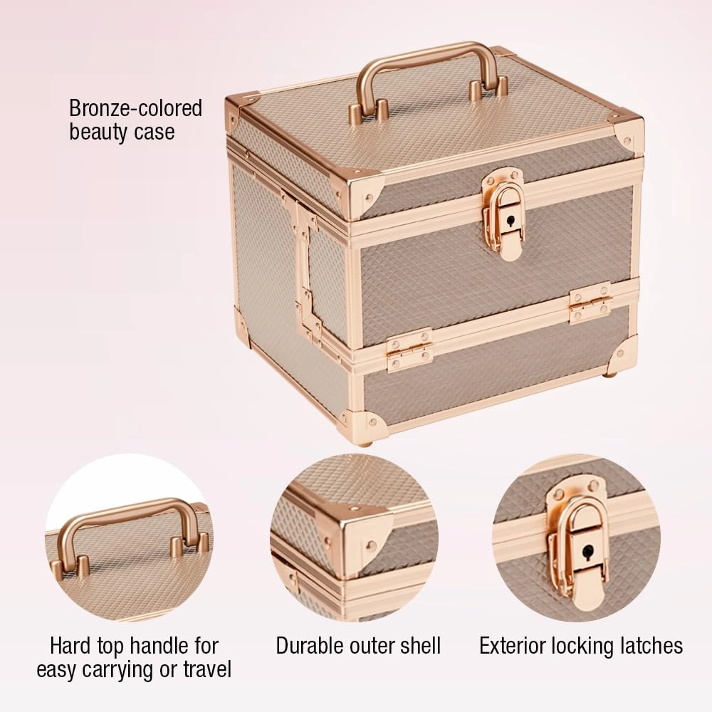 Conair 100-Piece Beauty Cosmetic Expandable Shelves Professional Makeup Train case Organizer, Bronze, 1 Count (Pack of 1)