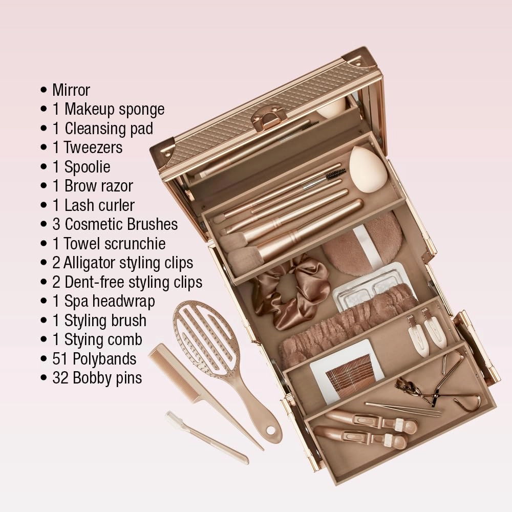 Conair 100-Piece Beauty Cosmetic Expandable Shelves Professional Makeup Train case Organizer, Bronze, 1 Count (Pack of 1)
