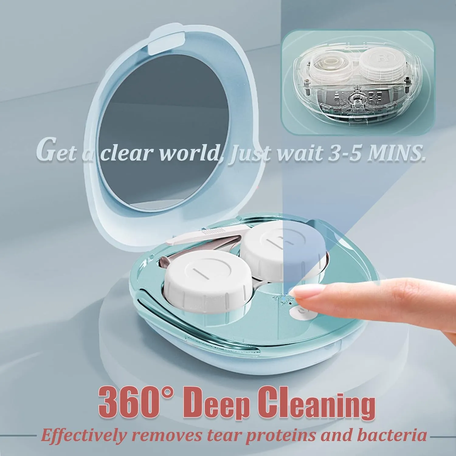 Contact Lens Cleaner, Portable Ultrasonic Contact Lens Cleaning Machine with USB Charger and Solution Soak Case Kit for Soft Lens, Colored Contact Lens, Hard Lens, RGP Lens and OK Lens (Blue)
