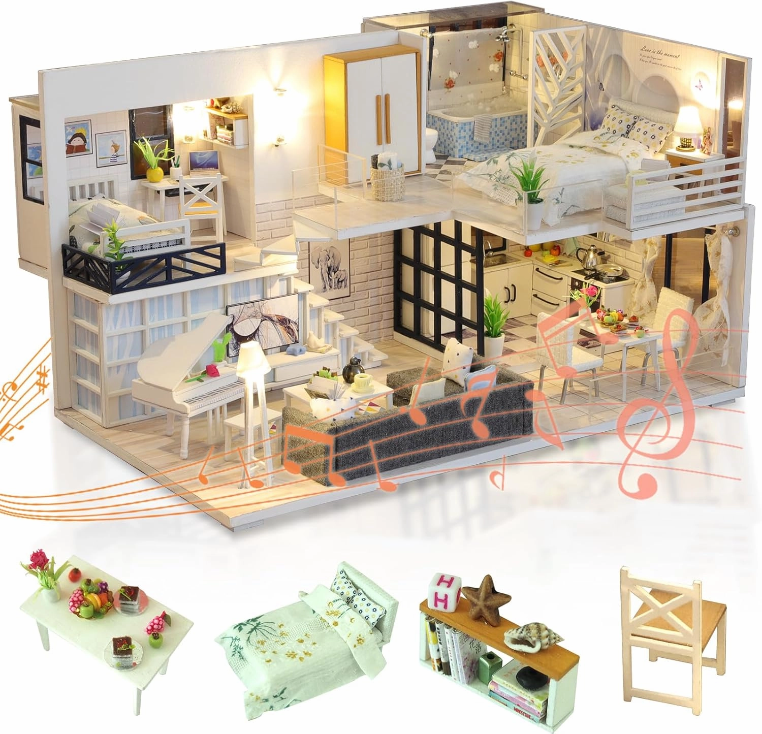 DIY Miniature Dollhouse Kit, Tiny House Model Kit with Music Box & LED Light & Dust Proof Cover, 1:24 Scale, 3D Wooden Puzzle for Adults, Handmade Crafts Home Decor Hobbies Birthday Gift (Simple Life)