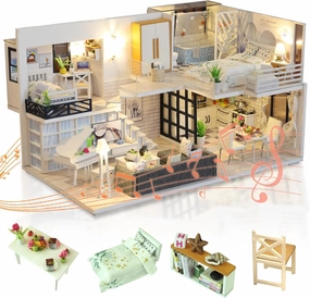 DIY Miniature Dollhouse Kit, Tiny House Model Kit with Music Box & LED Light & Dust Proof Cover, 1:24 Scale, 3D Wooden Puzzle for Adults, Handmade Crafts Home Decor Hobbies Birthday Gift (Simple Life)