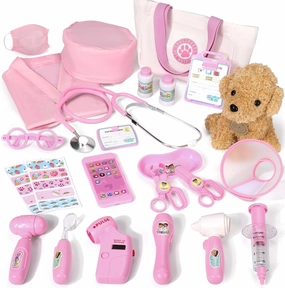 Doctor Kit for Toddlers 3 4 5 Years Old, Kids Veterinarian Playset with Dog Toy, Real Stethoscope & Medical Bag, Pretend Play Doctor Set for Girls Boys Birthday (Pink)