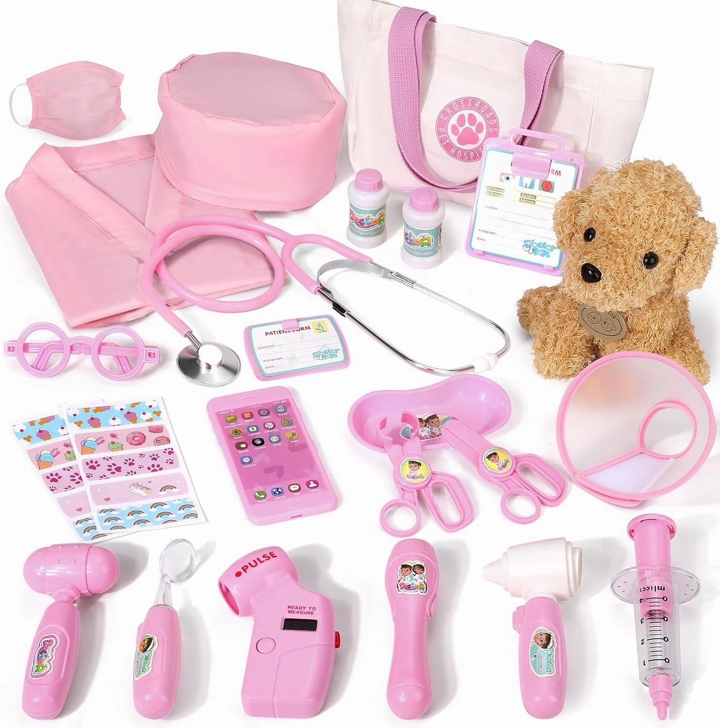 Doctor Kit for Toddlers 3 4 5 Years Old, Kids Veterinarian Playset with Dog Toy, Real Stethoscope & Medical Bag, Pretend Play Doctor Set for Girls Boys Birthday (Pink)
