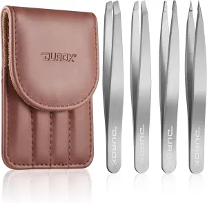 DUROX Precision 4-Piece Tweezer Set 1. Safety Tweezer for Facial Hair Removal for Women 2. Pointed Tip for Ingrown Hairs & Splinters 3. Precision Slant for Eyebrows 4. Classic Slant in Stainless Steel