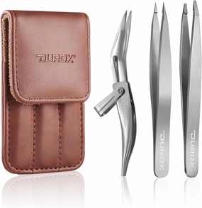 DUROX 3-Piece Tweezer Set – 1. Pointed Tweezer for Ingrown Hair, 2. Sharp Tip for Splinter Removal, 3. Safe Round Tips for Eyebrow & Facial Hair