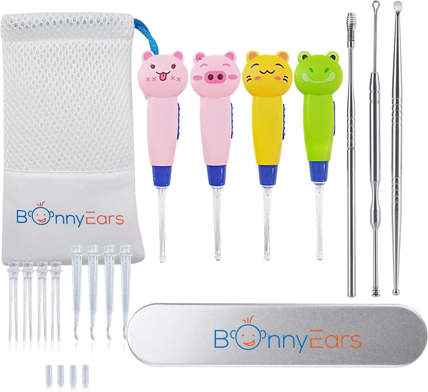 Ear Wax Removal Tool with Led Light for Kids - Toddlers, Infants, Baby and Adult by BonnyEars | Stainless Steel Earwax Remover Kit | Ear Pick Spoon Curette Tweezers Cleaning