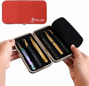 Empty Glittery Eyelash Extension Tweezers Storage Case - Multipurpose Portable Magnetic Box - Holds 6 Tweezers - Red
