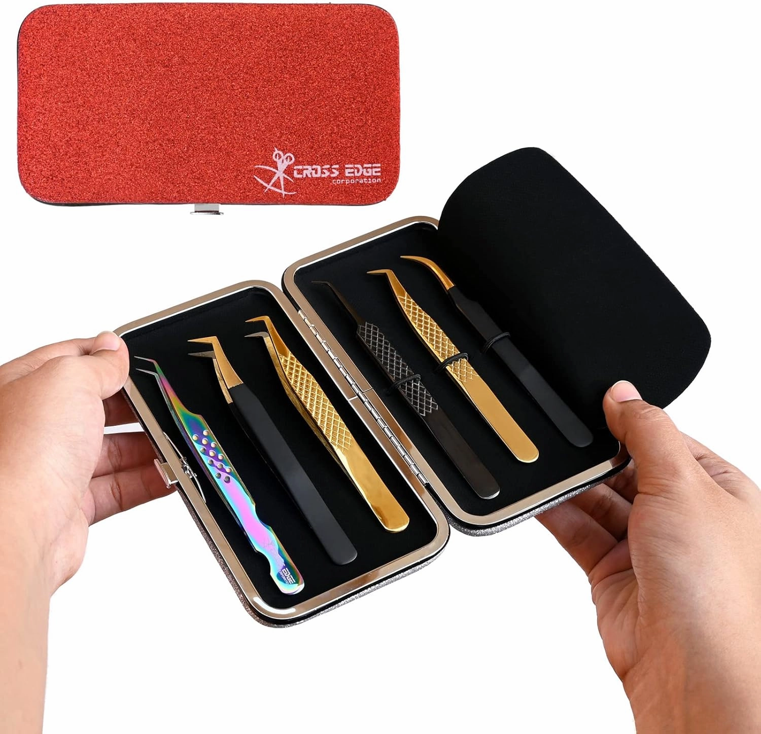 Empty Glittery Eyelash Extension Tweezers Storage Case - Multipurpose Portable Magnetic Box - Holds 6 Tweezers - Red
