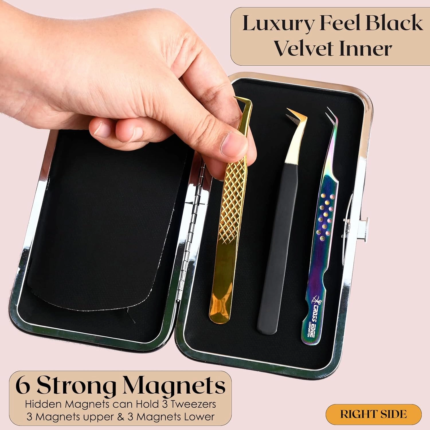 Empty Glittery Eyelash Extension Tweezers Storage Case - Multipurpose Portable Magnetic Box - Holds 6 Tweezers - Red
