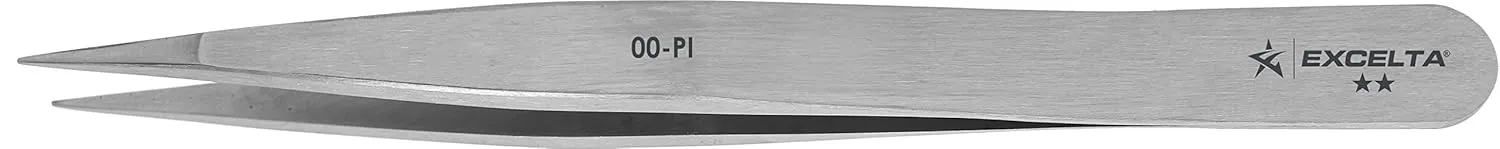 Excelta - 00-PI - Tweezers - Strong Medium Point - Straight - Two Star - Carbon Steel, 0.09" Height, 0.35499999999999998" Wide, 4.5" Length