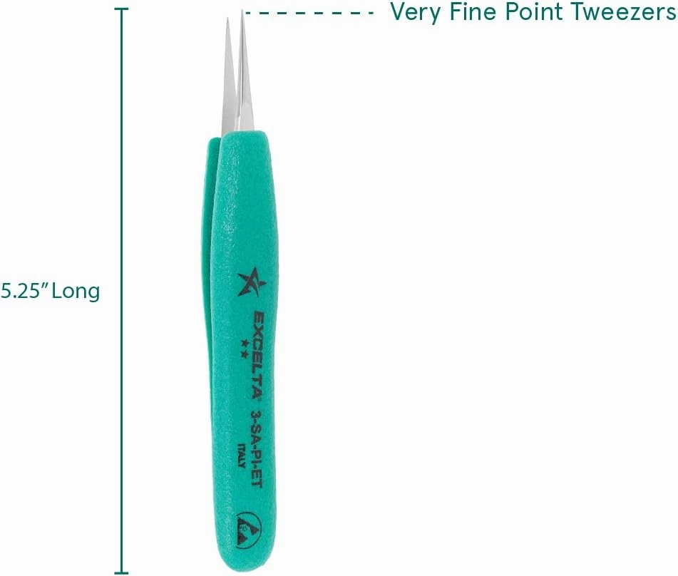 Excelta Ergo-Tweeze 3-SA-PI-ET Precision Tweezers, Straight Very Fine Tip, ESD Safe TealShield Grips, Anti-Magnetic 316L Neverust Stainless Steel, 5.25" OAL for Electronics, Lab, Cleanroom, Forensics