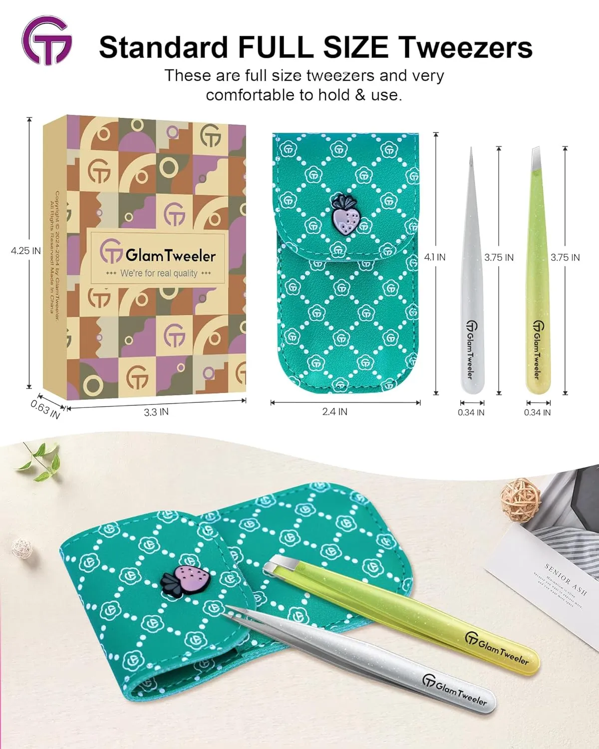 Expert Slant and Point Tip Tweezer Set with Exclusive Storage & Carrying Case, GlamTweeler Sharp & Precision Tweezer Set for Eyebrows, Facial Hairs & Fine Hairs Removal (Sparkle Apple Green   Silver)