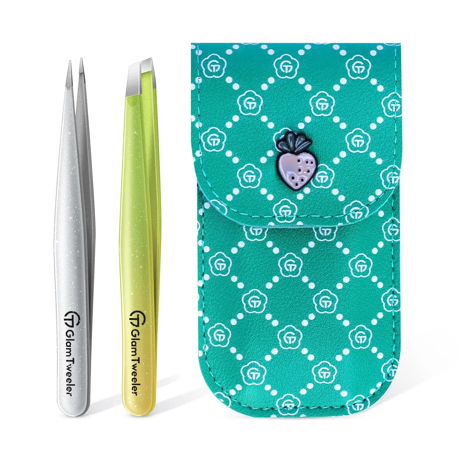 Expert Slant and Point Tip Tweezer Set with Exclusive Storage & Carrying Case, GlamTweeler Sharp & Precision Tweezer Set for Eyebrows, Facial Hairs & Fine Hairs Removal (Sparkle Apple Green   Silver)