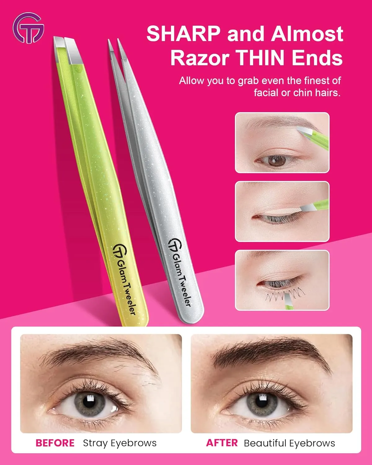 Expert Slant and Point Tip Tweezer Set with Exclusive Storage & Carrying Case, GlamTweeler Sharp & Precision Tweezer Set for Eyebrows, Facial Hairs & Fine Hairs Removal (Sparkle Apple Green   Silver)