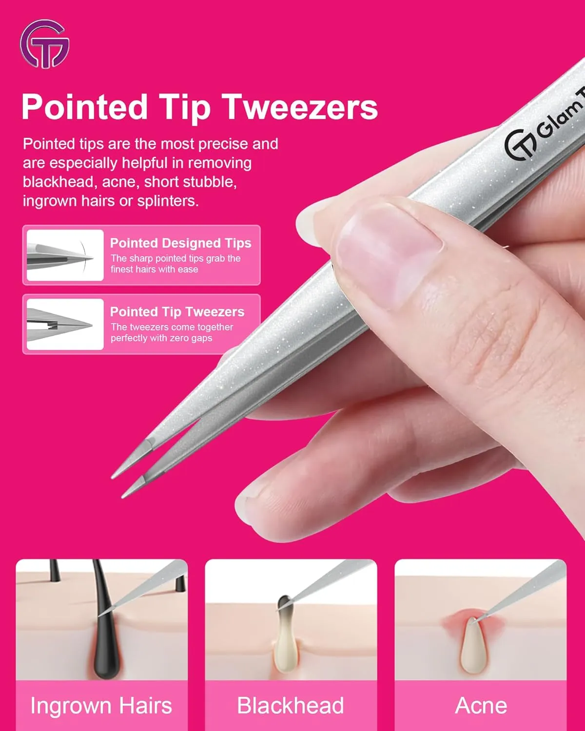 Expert Slant and Point Tip Tweezer Set with Exclusive Storage & Carrying Case, GlamTweeler Sharp & Precision Tweezer Set for Eyebrows, Facial Hairs & Fine Hairs Removal (Sparkle Apple Green   Silver)