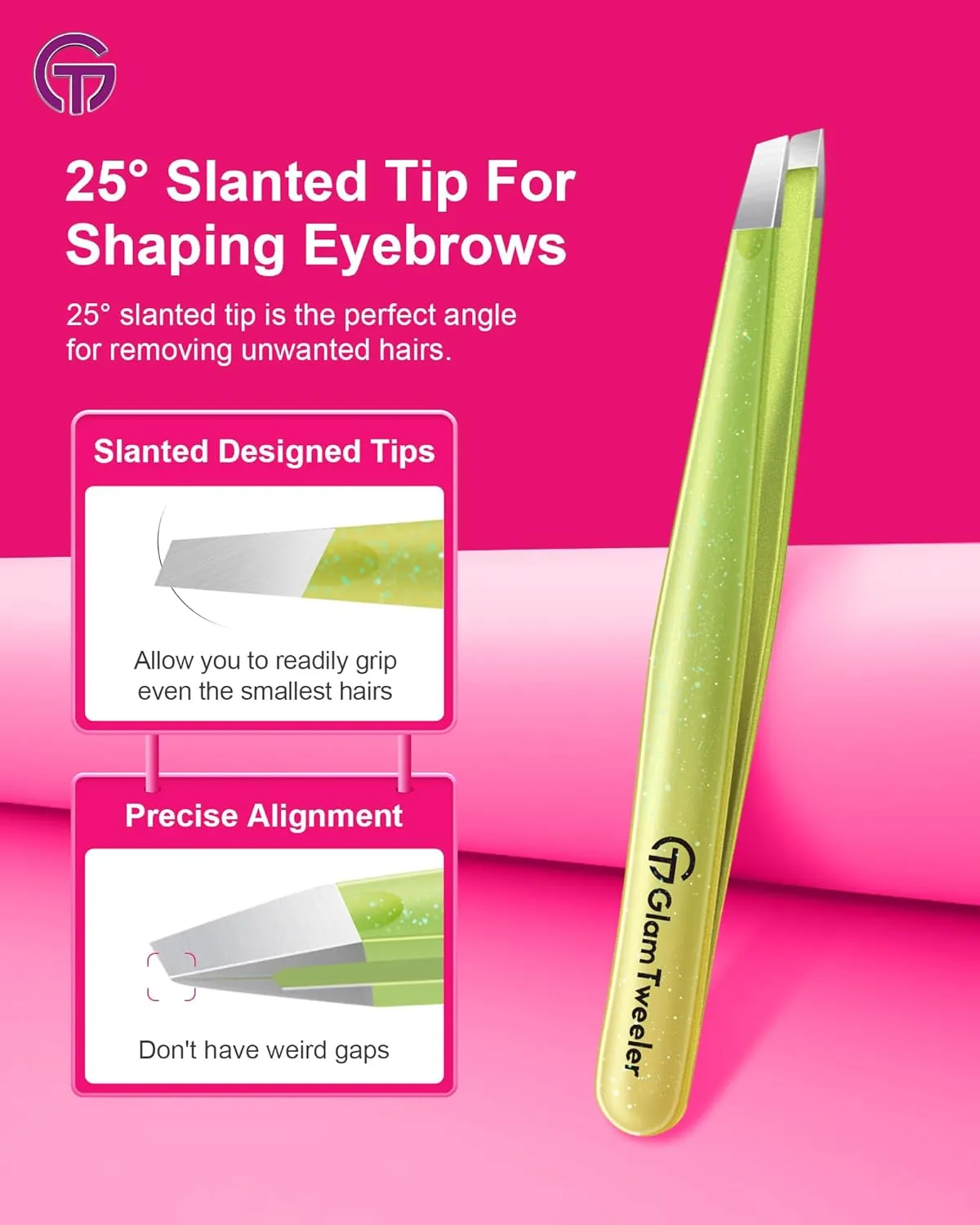 Expert Slant and Point Tip Tweezer Set with Exclusive Storage & Carrying Case, GlamTweeler Sharp & Precision Tweezer Set for Eyebrows, Facial Hairs & Fine Hairs Removal (Sparkle Apple Green   Silver)