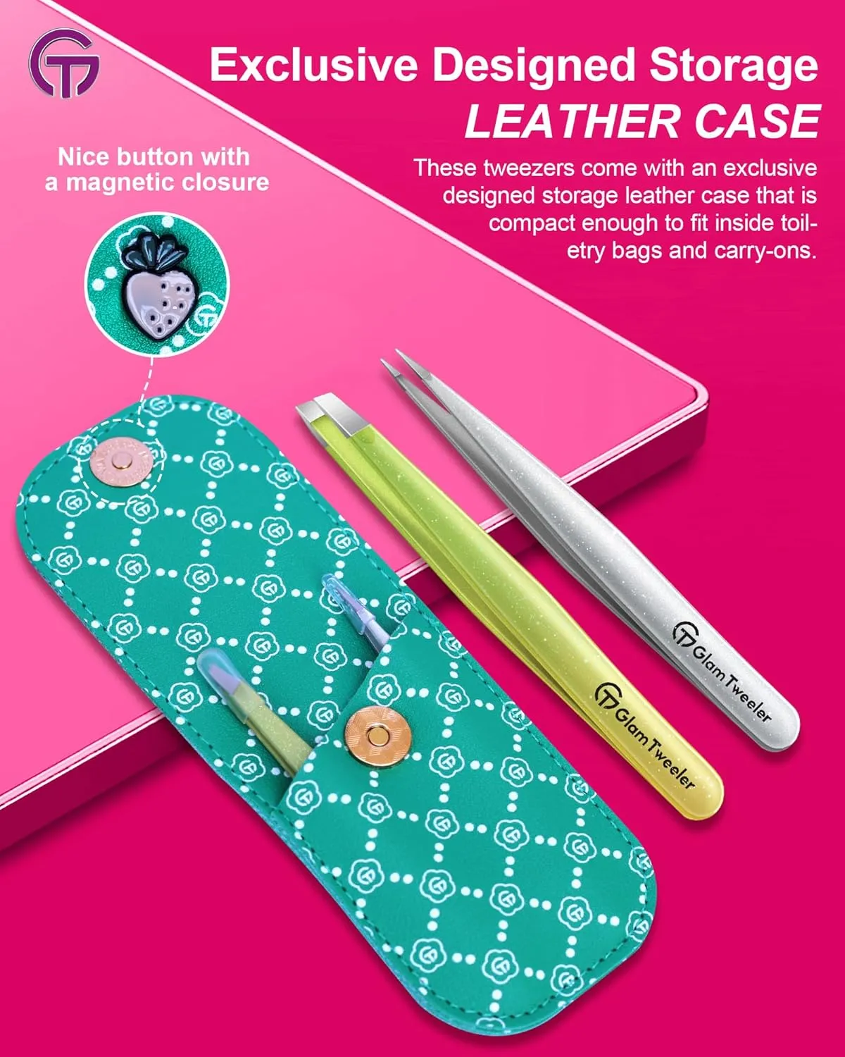 Expert Slant and Point Tip Tweezer Set with Exclusive Storage & Carrying Case, GlamTweeler Sharp & Precision Tweezer Set for Eyebrows, Facial Hairs & Fine Hairs Removal (Sparkle Apple Green   Silver)