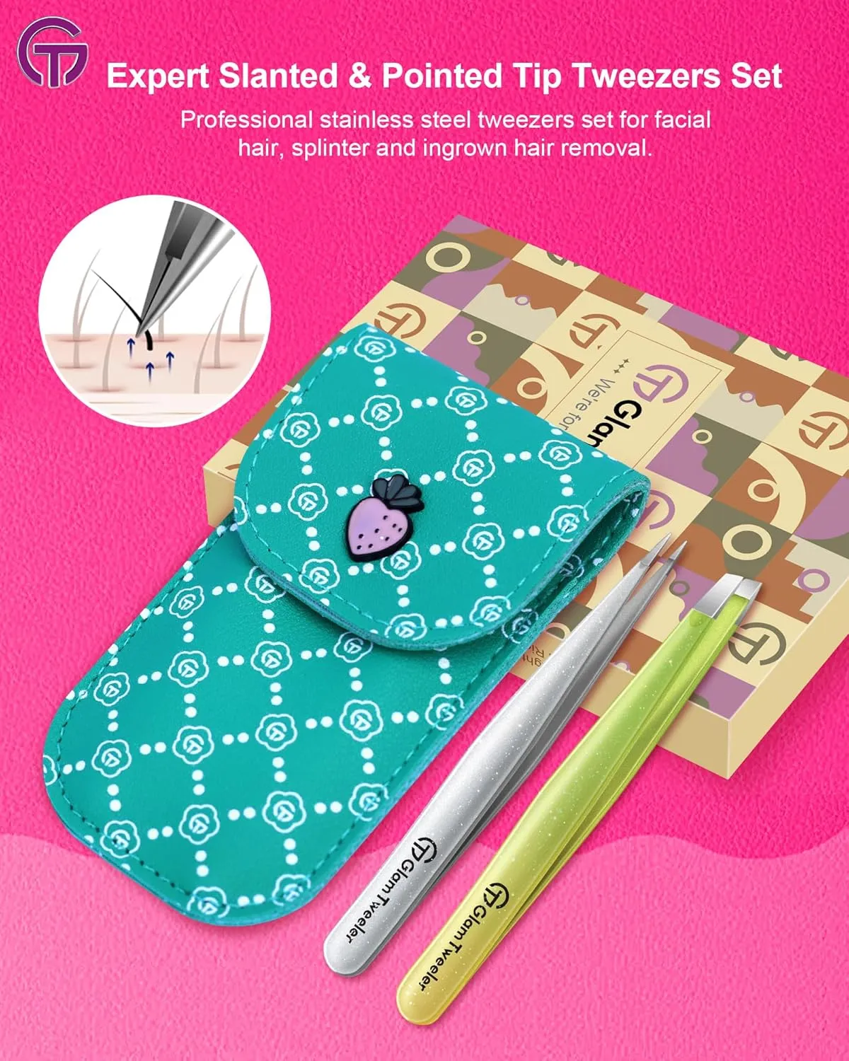 Expert Slant and Point Tip Tweezer Set with Exclusive Storage & Carrying Case, GlamTweeler Sharp & Precision Tweezer Set for Eyebrows, Facial Hairs & Fine Hairs Removal (Sparkle Apple Green   Silver)