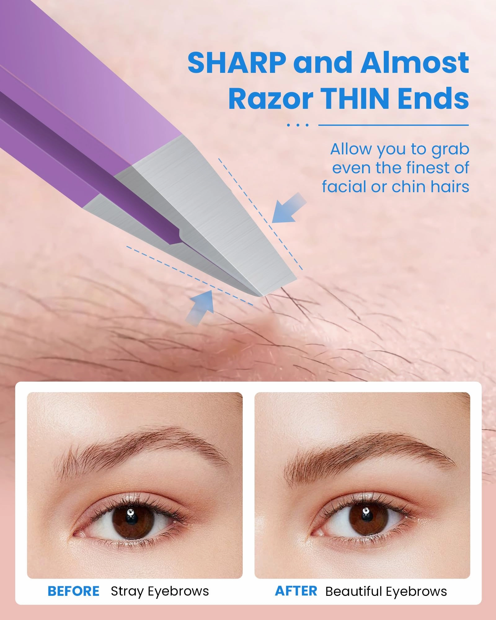 Expert Slant Tip Tweezers with Leather Case, GlamTweeler Sharp & Precision Stainless Steel Tweezer for Eyebrows, Facial Hair and Fine Hairs Removal (Violet)