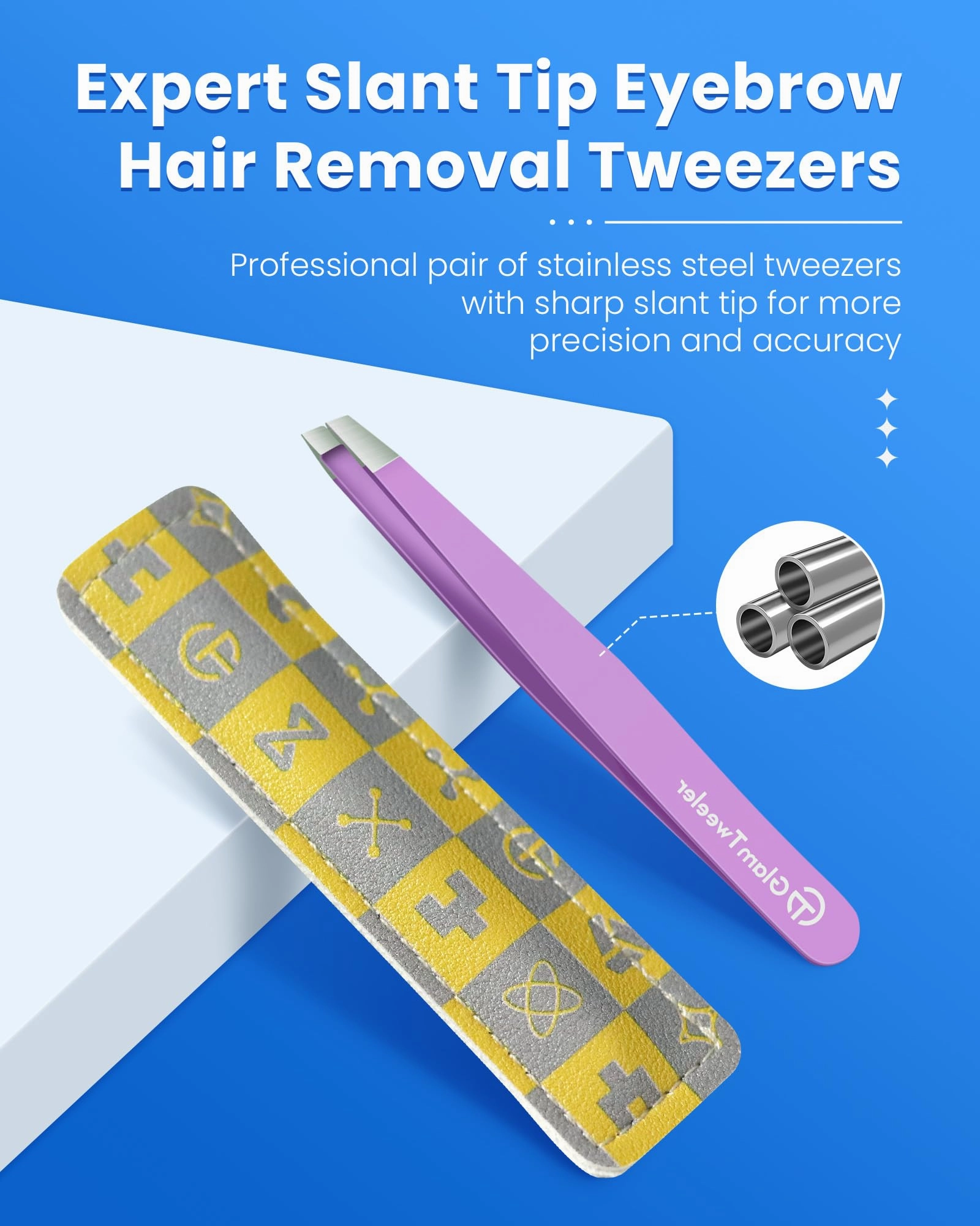 Expert Slant Tip Tweezers with Leather Case, GlamTweeler Sharp & Precision Stainless Steel Tweezer for Eyebrows, Facial Hair and Fine Hairs Removal (Violet)