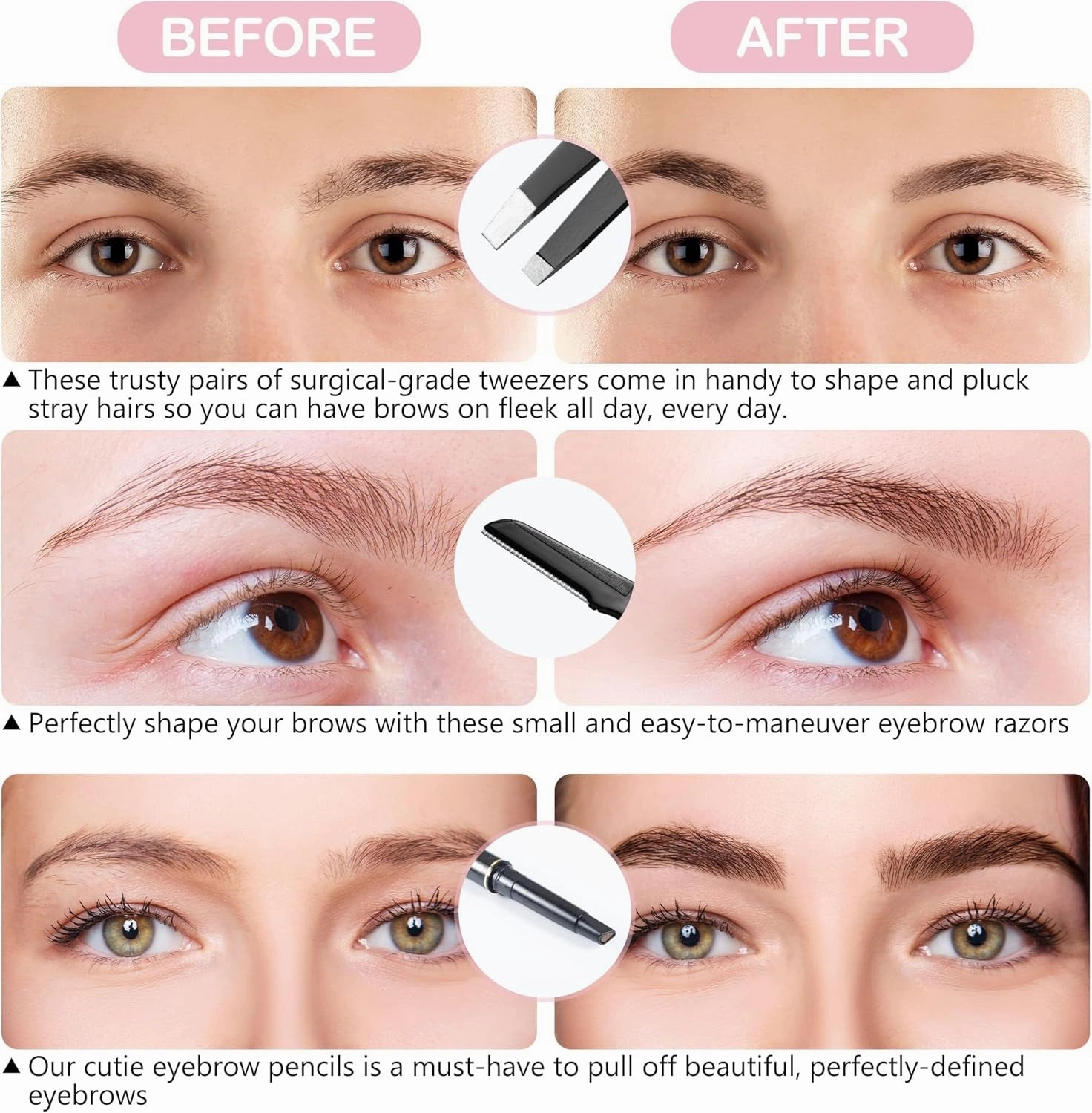 Exquisite Eyebrow Kit - 8 in 1 - Eyebrow Tweezer Kit 4 Pcs - Eyebrow Shaping Kit - Multipurpose Eyebrow Grooming Kit - Eyebrow Razor, Eyebrow Brush and Comb, Pencil, Eyebrow Scissors in Padded Case