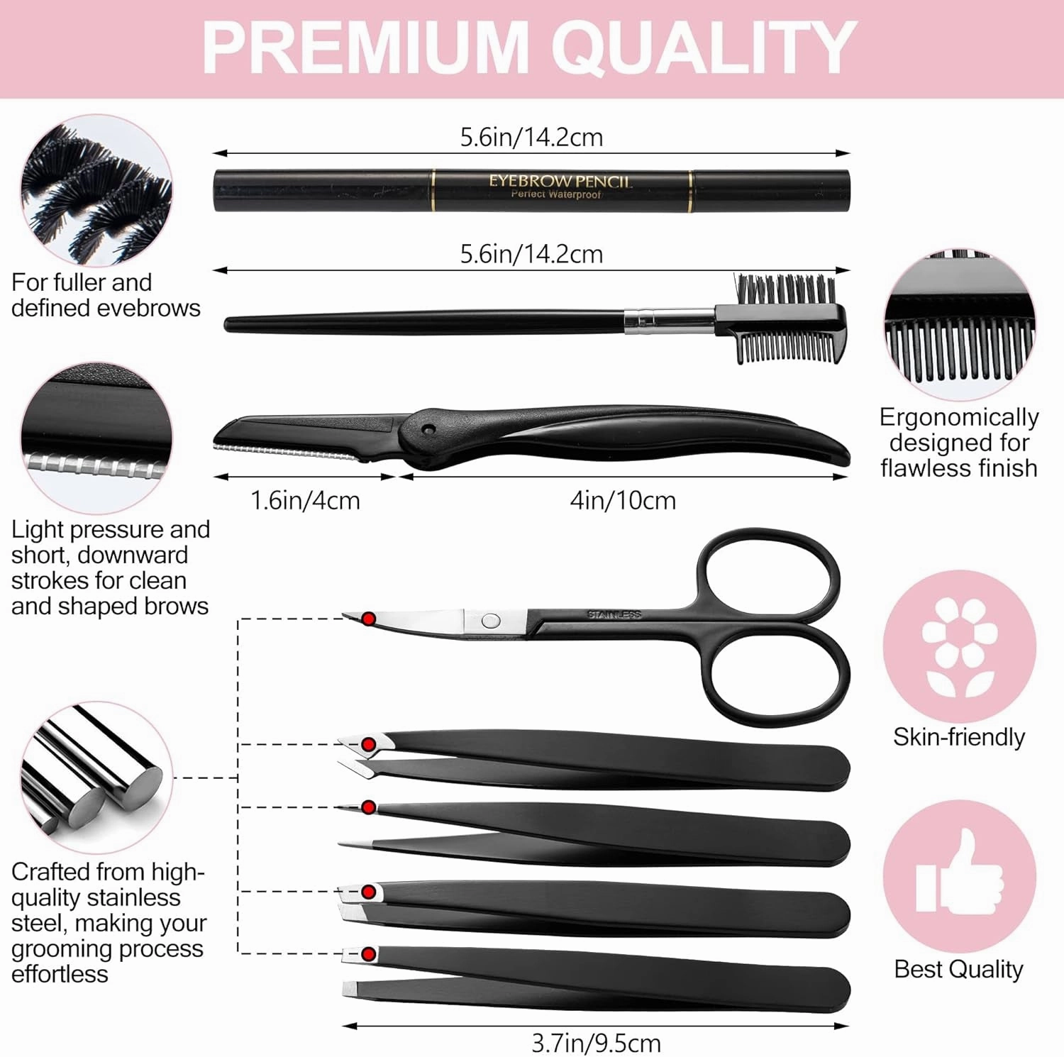 Exquisite Eyebrow Kit - 8 in 1 - Eyebrow Tweezer Kit 4 Pcs - Eyebrow Shaping Kit - Multipurpose Eyebrow Grooming Kit - Eyebrow Razor, Eyebrow Brush and Comb, Pencil, Eyebrow Scissors in Padded Case