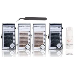 Eyebrow Extensions Kit with 4 Trays of Mink Eyebrows in 2 Dark Brown, 2 Black, Comes on Mixed Length Trays 5-8 Mm Mix, Eyebrow Extension Glue & Extension Tweezers