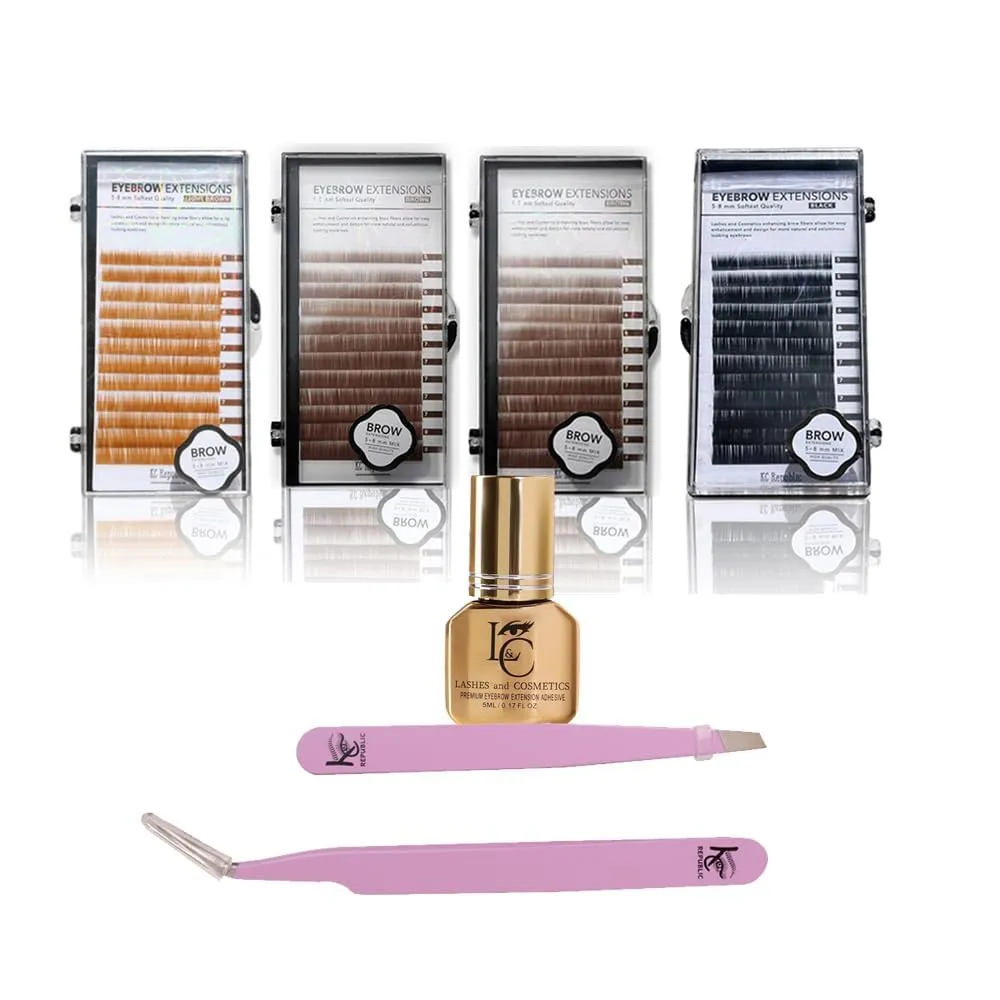 Eyebrow Extensions Premium Kit with 4 Trays of Mink Eyebrows in Light Brown, 2 Brown, Black, Comes on Mixed Length Trays 5-8 Mm Mix, Eyebrow Premium Glue & Extension Tweezers