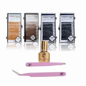 Eyebrow Extensions Premium Kit with 4 Trays of Mink Eyebrows in Light Brown, Brown, 2 Black, Comes on Mixed Length Trays 5-8 Mm Mix, Eyebrow Premium Glue & Extension Tweezers