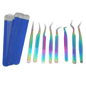 Eyelash Extension Tweezers Set, 8 Pcs Rainbow Stainless Steel Straight and Curved Tweezer Kit, High Precision Stainless Steel Lash Tweezers Set, for Women Lash Extension Tools