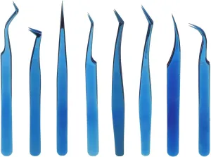 Eyelash Extension Tweezers Set, 8 Pcs Stainless Steel Straight and Curved Tweezer Kit, High Precision Stainless Steel Lash Tweezers Set, for Women Lash Extension Tools (Blue)