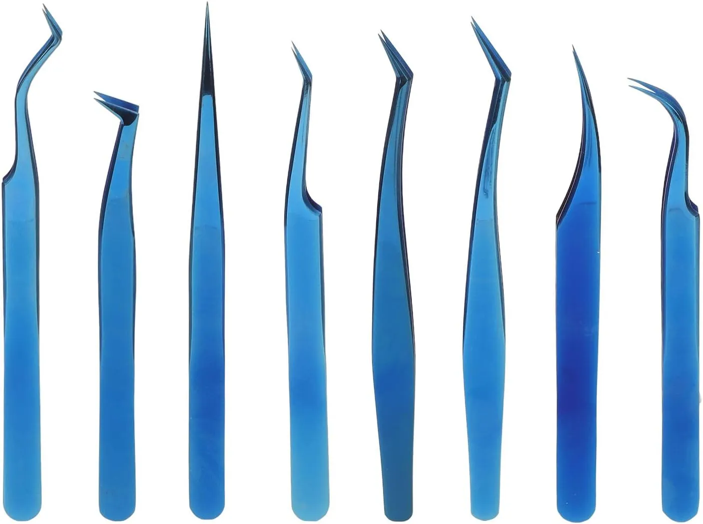 Eyelash Extension Tweezers Set, 8 Pcs Stainless Steel Straight and Curved Tweezer Kit, High Precision Stainless Steel Lash Tweezers Set, for Women Lash Extension Tools (Blue)