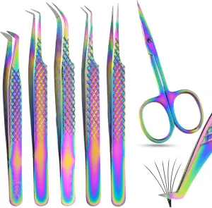 Eyelash Extension Tweezers set | Precision Multipurpose Lash Scissor | Fiber Tip Lash Tweezers for Lash Extensions Boot Volume Tweezers Sainless Steel Curved fiber grip tweezers (6pcs)